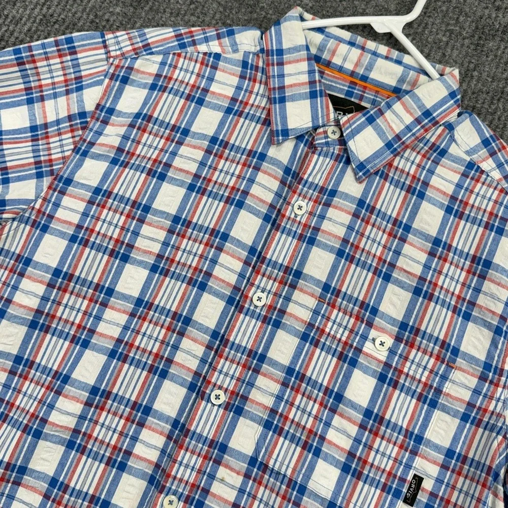 Orvis Shirt Mens Large Blue Red Plaid Short Sleeve Button Up Pocket Outdoor